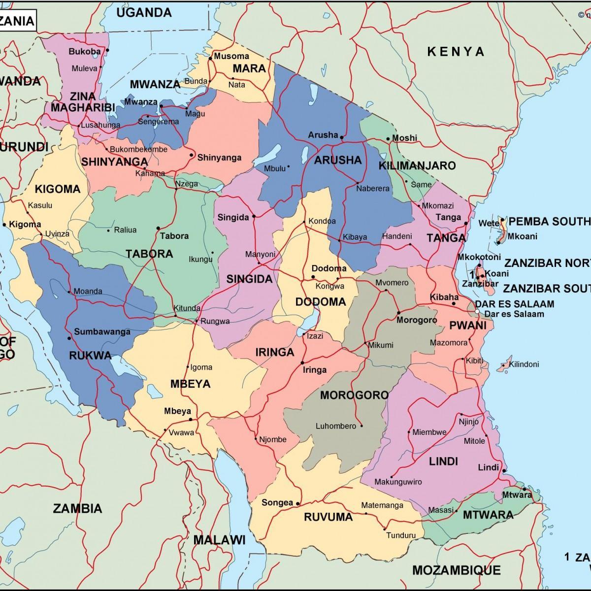 Карта Танзании политических