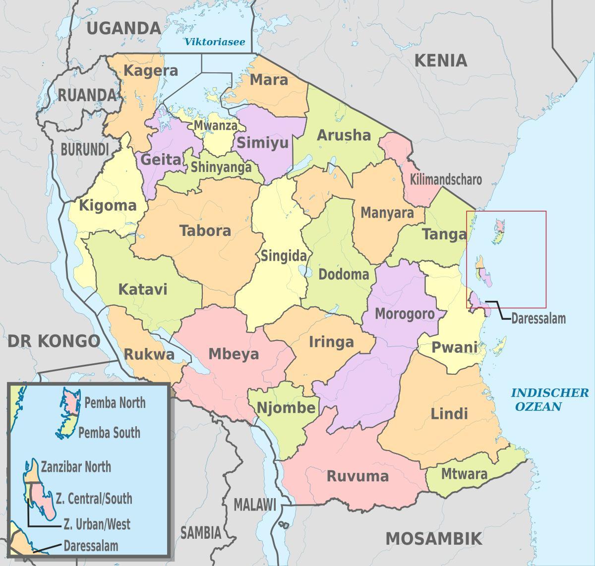 карта Танзании с новыми регионами