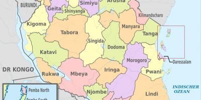 Карта Танзании с указанием регионов и районов