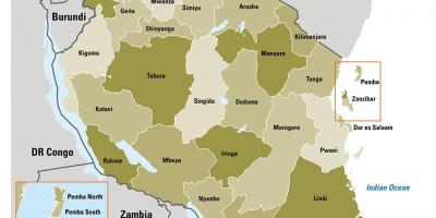 Карта Танзании показывает регионах